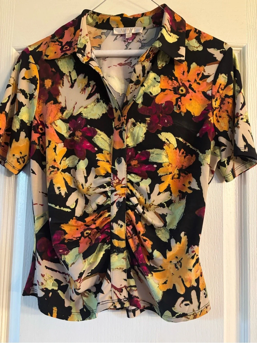 Wayf Black Floral Ruched Button-Front Top - Picture 1 of 2